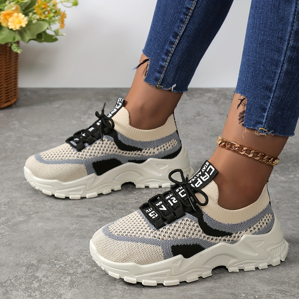 womens knit chunky sneakers colorblock lace up low top running sports shoes breathable walking trainers details 7