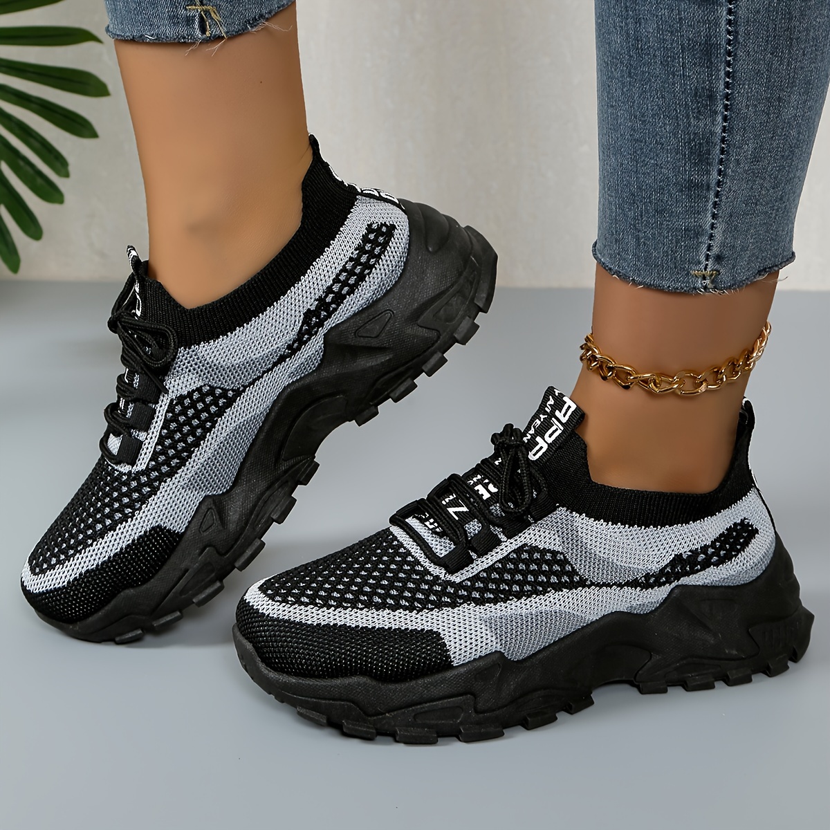 womens knit chunky sneakers colorblock lace up low top running sports shoes breathable walking trainers details 8