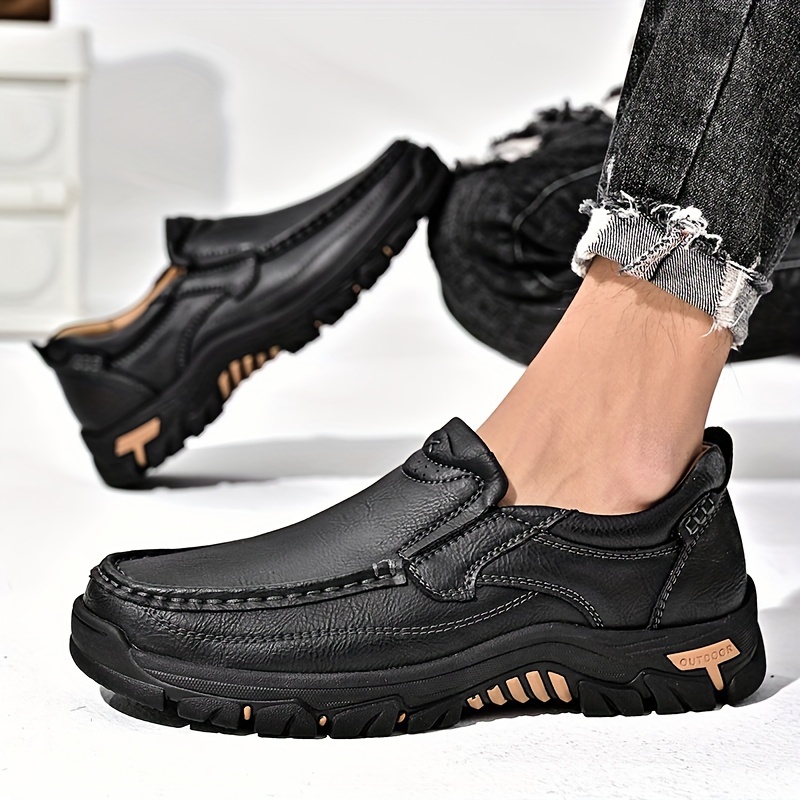 Men s Split Leather Solid Colour Slip On Loafer Shoes, Comfy Non Slip Rubber Sole Durable Walking Shoes For Men s Outdoor Activities details 8